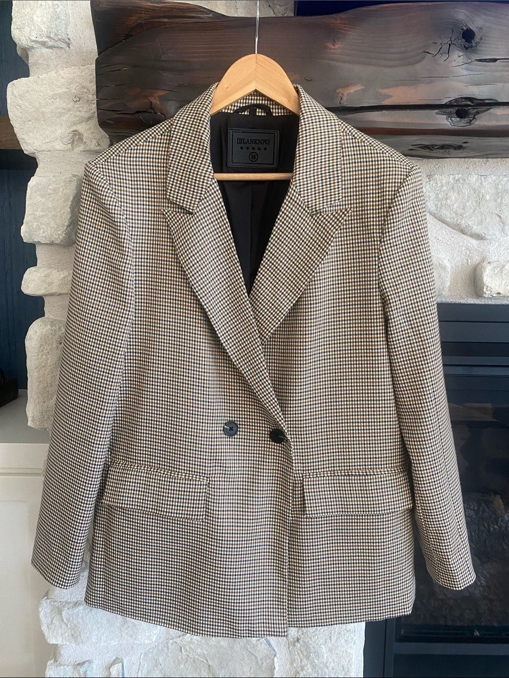 Blank NYC Checkered Double-Breasted Blazer Jacket - Brown/Black/Cream